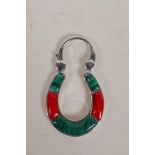 A silver, malachite and coral horse shoe padlock brooch