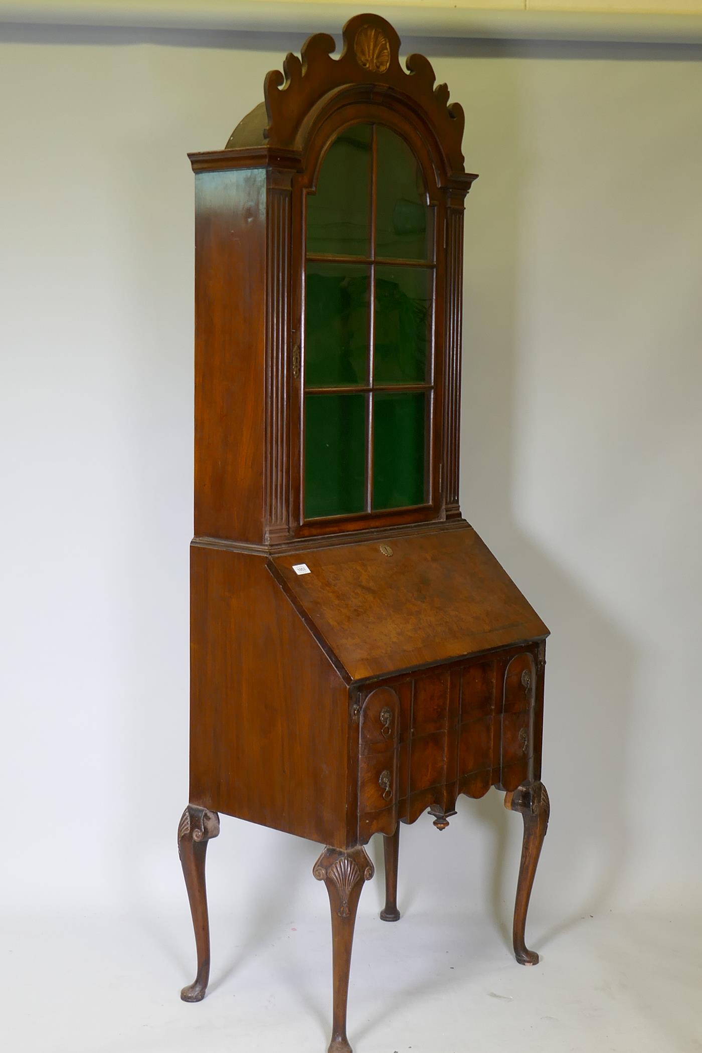 A Georgian style walnut fall front bureau bookcase, the upper section with dome top and fret - Image 6 of 6