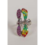 A 925 silver and plique a jour ring decorated with a winged insect, size P