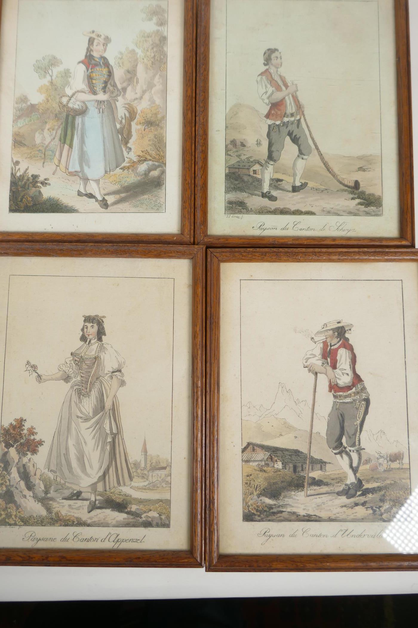 Eight C18th Swiss hand coloured engravings of paysan costume studies, 6" x 8" - Image 2 of 4