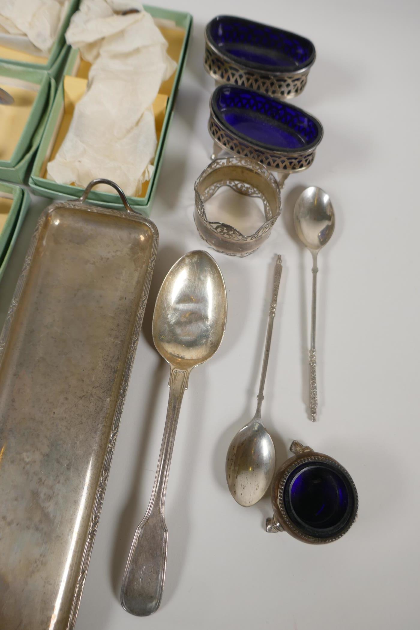 Hallmarked 925 silver to include eight boxed sugar tongs, two boxed fruit servers and various salts, - Image 6 of 6