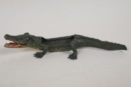 A cold painted bronze figure of crocodile, 8½" long