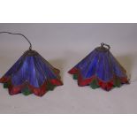 A pair of Tiffany style glass ceiling lamp shades, one damaged, 18" diameter x 10" high