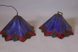 A pair of Tiffany style glass ceiling lamp shades, one damaged, 18" diameter x 10" high