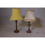 A painted and silver leafed wood table lamp, 13" high, and a painted barleytwist lamp