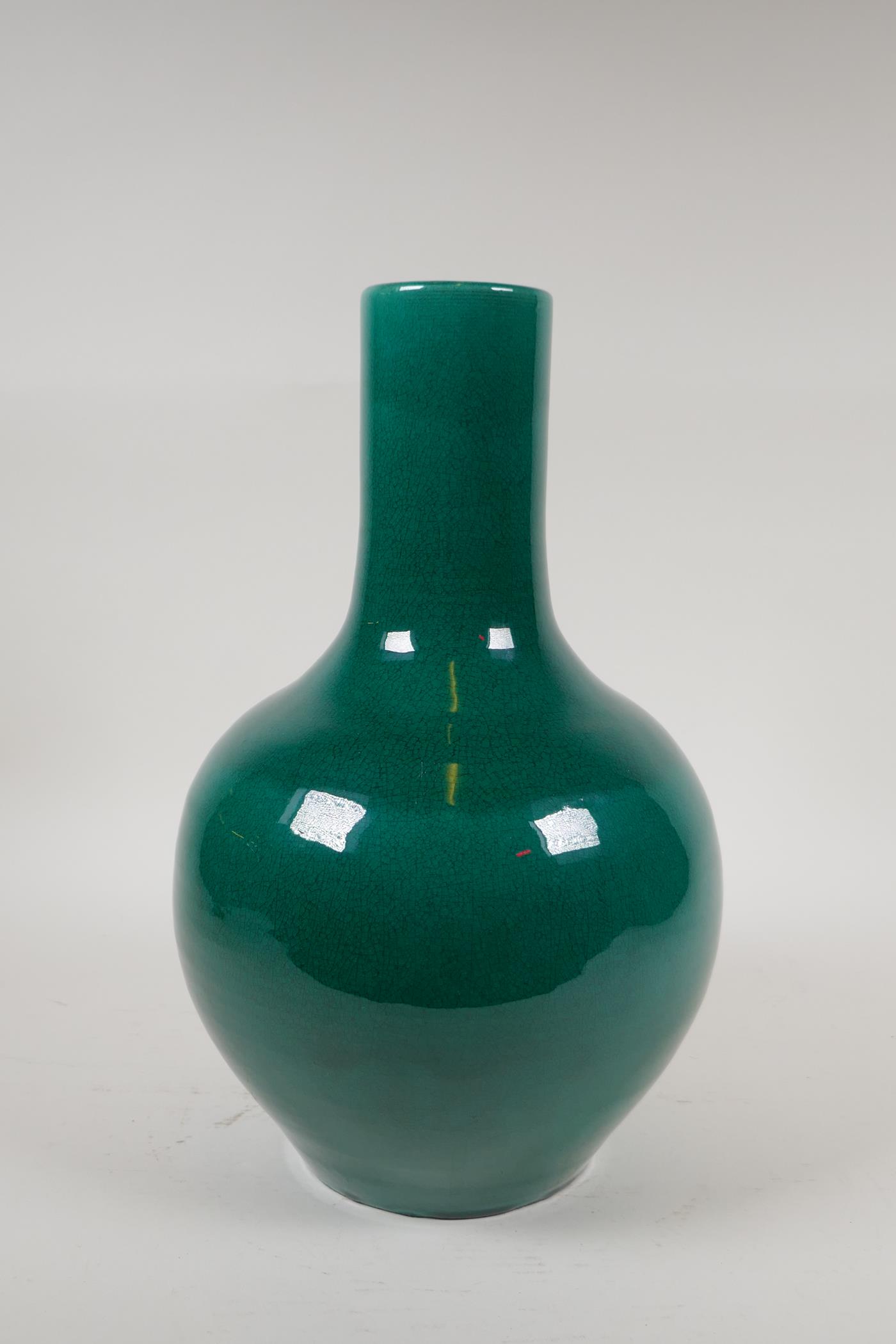 A Chinese emerald green crackle glazed porcelain bottle vase, 13" high - Image 3 of 8