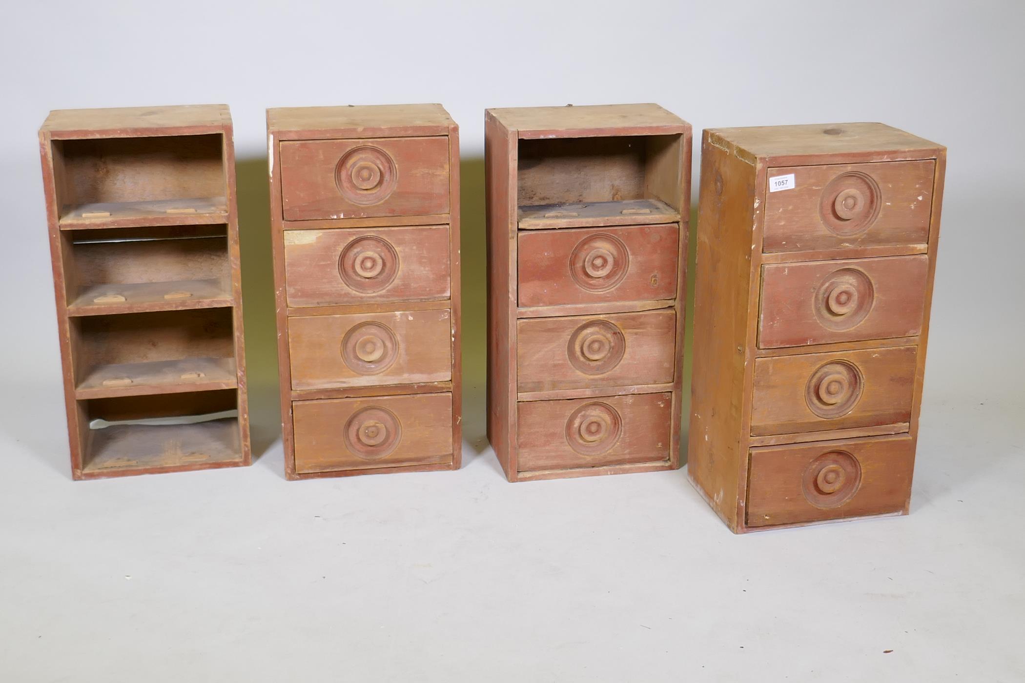 A set of four C19th painted pine flights of drawers, AF, incomplete, each 24" x 12" x 9"