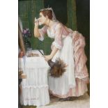 A. Bruggeman, housemaid sneaking a dab of powder, signed, oil on panel, 7½" x 9½"