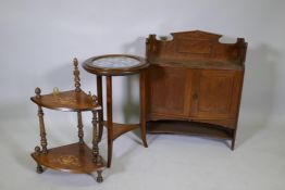 A Victorian oak bow front smoker's cabinet with fitted interior, 24" x 8" x 28", an occasional table