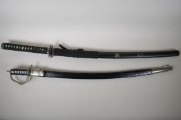 A replica Japanese katana (made in China), blade length 27½" long, together with an Indian sabre