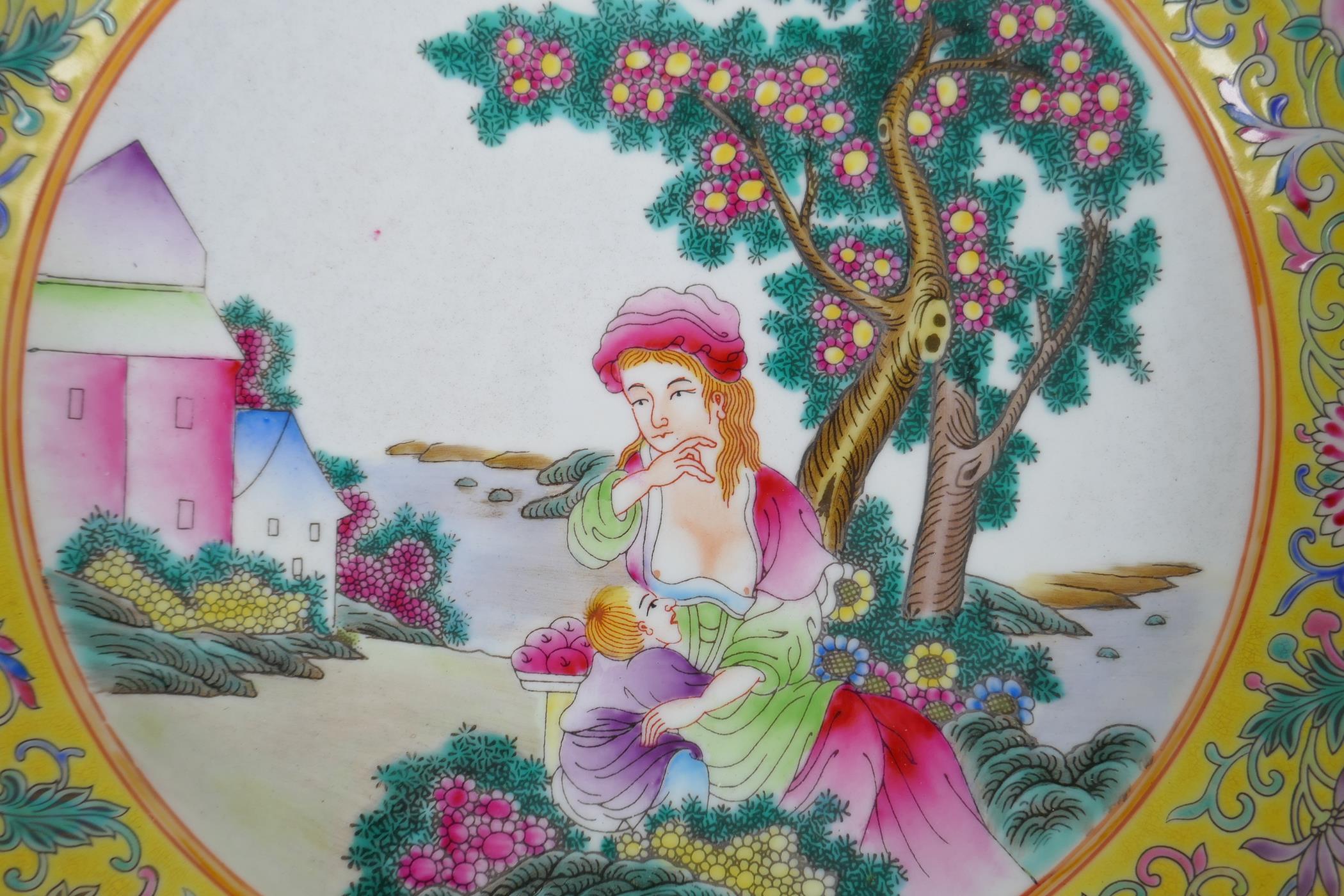 A Chinese polychrome porcelain dish decorated with a western lady and her baby, 4 character mark - Image 3 of 10