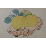 A framed woodcut print, fruit in a rootwood bowl, embossed stamp lower right, 8½" x 10½"