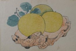 A framed woodcut print, fruit in a rootwood bowl, embossed stamp lower right, 8½" x 10½"