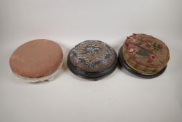 Three Victorian footstools, al AF, largest 12" diameter