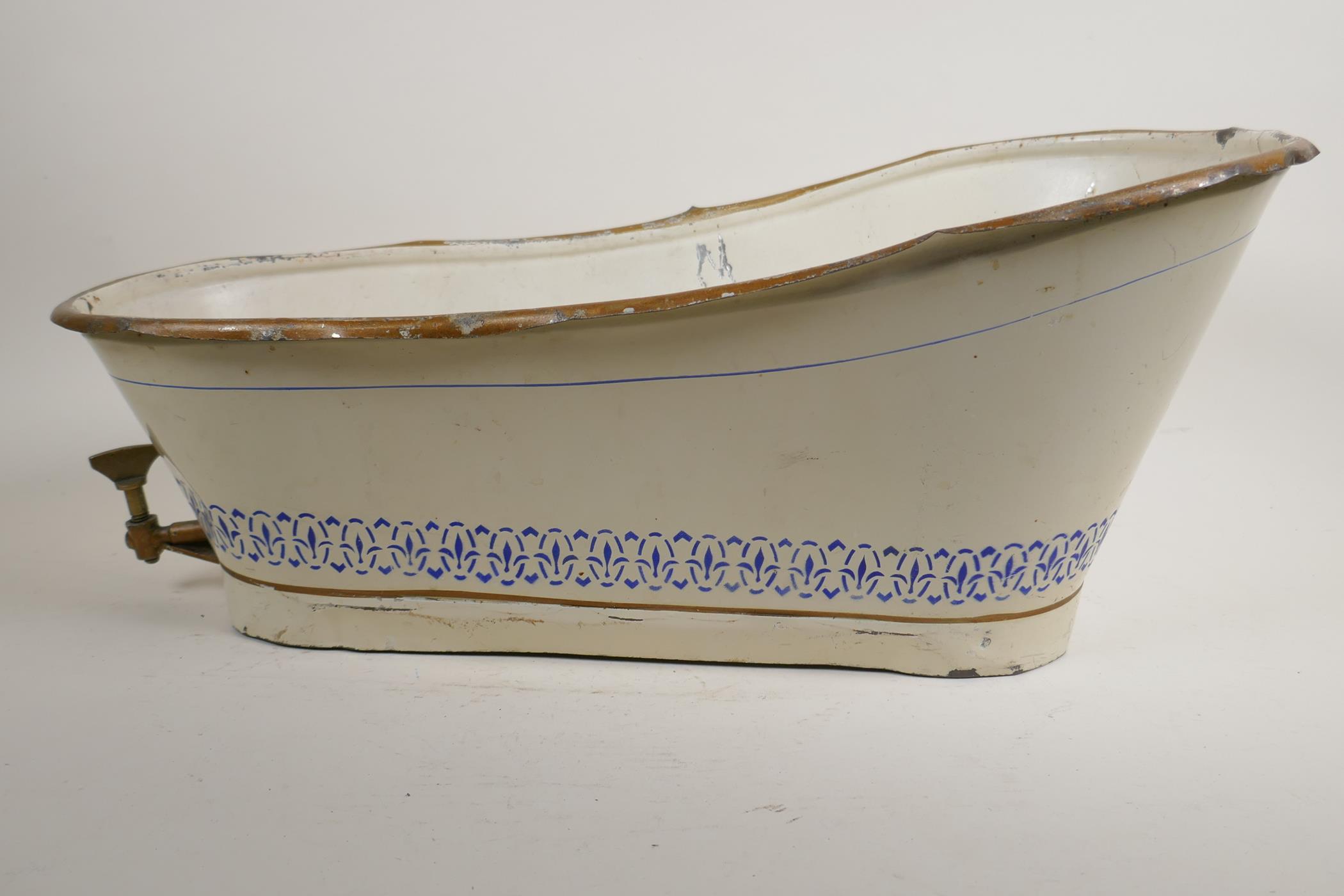 A toleware miniature bath with brass drain tap, 19" long - Image 3 of 4