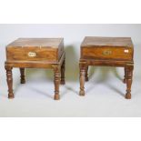 A pair of padouk wood campaign style side tables with brass mounts and single drawer with military