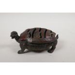 A Chinese bronze tortoise censer and cover with gilt patina, 7½" long