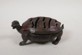 A Chinese bronze tortoise censer and cover with gilt patina, 7½" long