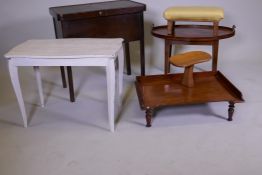 A C19th inlaid oval tray, mounted on a base, a mahogany tray, workbox with sliding top, a painted