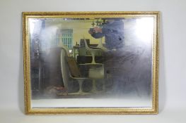 A gilt framed wall mirror with bevelled glass, 53" x 41"