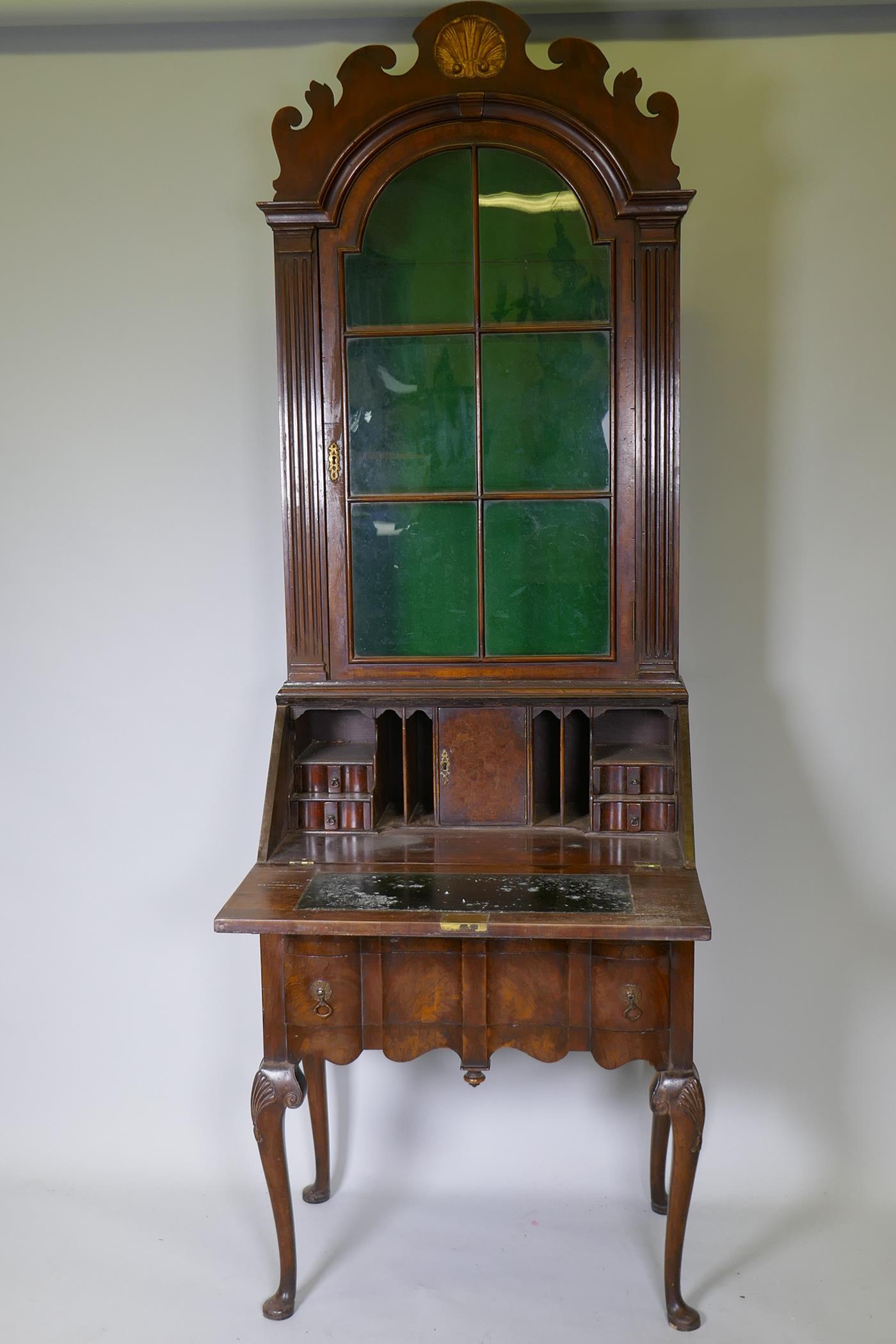 A Georgian style walnut fall front bureau bookcase, the upper section with dome top and fret - Image 4 of 6