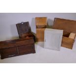 A satin walnut blanket box fitted with three drawers, 25" x 13" x 13", an antique oak box, a