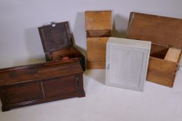 A satin walnut blanket box fitted with three drawers, 25" x 13" x 13", an antique oak box, a