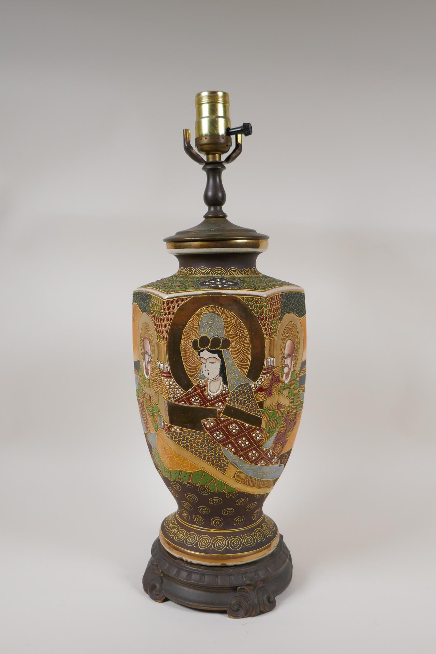 A Japanese Satsuma pottery lamp with figural decoration and bronzed metal mounts, 18½" high - Image 3 of 8