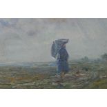 A figure crossing a field in the rain, old label verso 'Eilleen Murray, Co. Cork', oil on board,