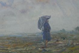 A figure crossing a field in the rain, old label verso 'Eilleen Murray, Co. Cork', oil on board,