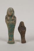 An Egyptian turquoise glazed faience shabti and another smaller, largest 4", AF repair