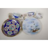Oriental porcelain to include a Chinese blue and white rice bowl, Chinese tea cup, famille rose