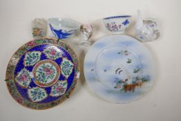 Oriental porcelain to include a Chinese blue and white rice bowl, Chinese tea cup, famille rose