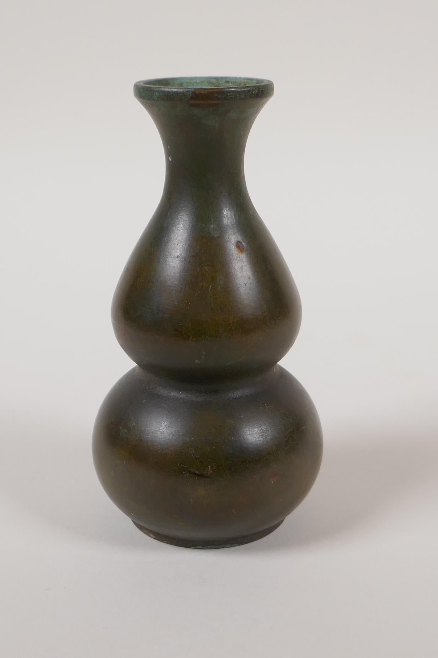 A Chinese bronze double gourd vase, impressed Yin Yang symbol to base, 5" high - Image 12 of 14