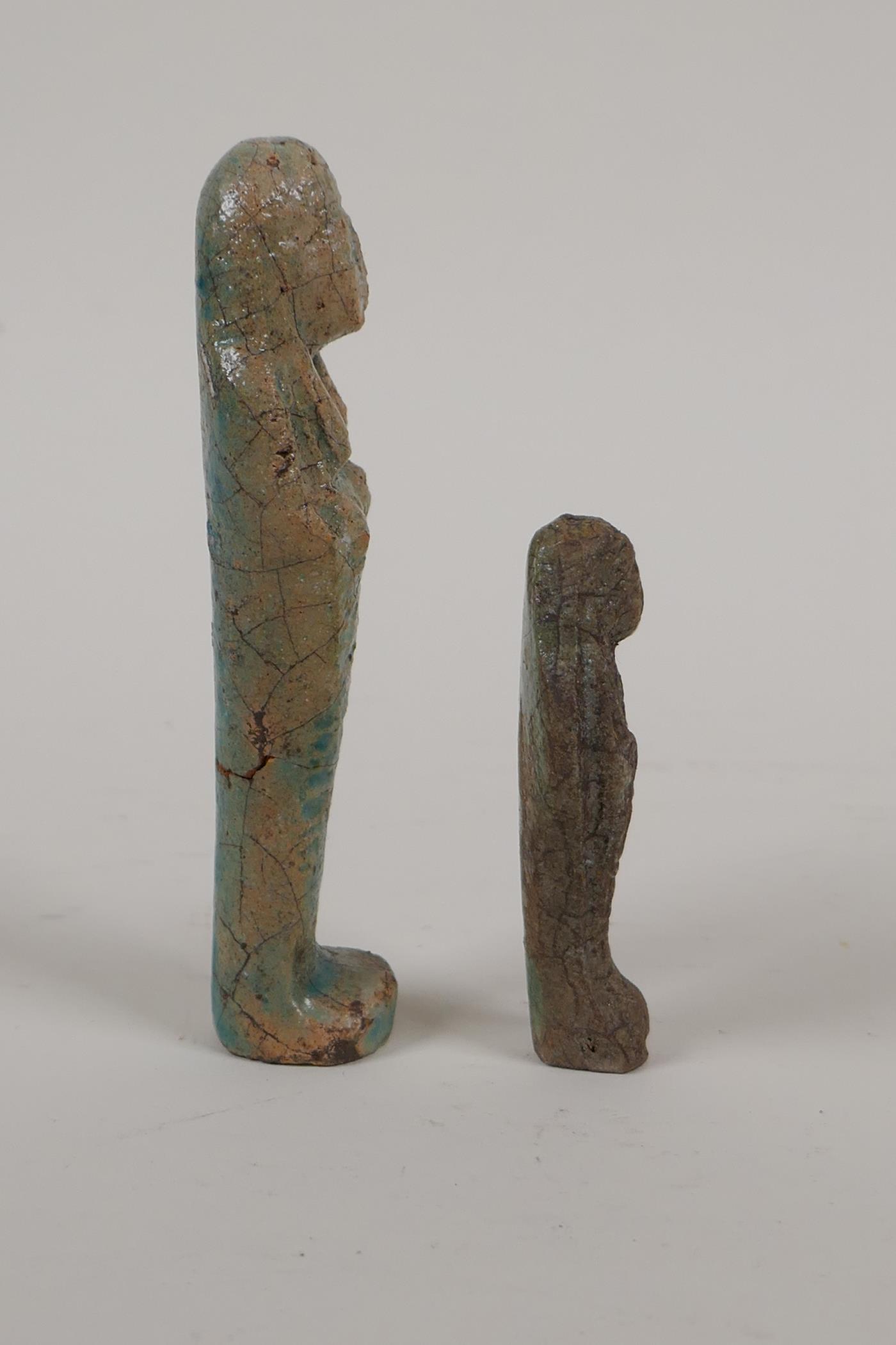 An Egyptian turquoise glazed faience shabti and another smaller, largest 4", AF repair - Image 8 of 10