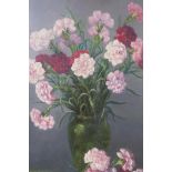 Vernon Ward, carnations in a vase, Newman Cooling Gallery label verso, signed, oil on canvas, 18"