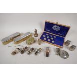 An assorted collection of hallmarked silver, white metal and silver plate including vanity set