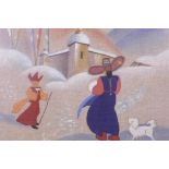A vintage Tibetan tapestry depicting a mountain landscape and Buddhist monk greeting an acolyte, pre