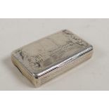 A C19th Russian silver snuff box decorated with engraved scenes of St Petersburg, the interior