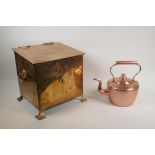 An Arts and Crafts polished copper coal scuttle with liner, and a copper kettle, scuttle 11" x