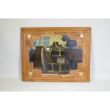 A Mexican weathered wood wall mirror with inset ceramic tiles, 50" x 40"