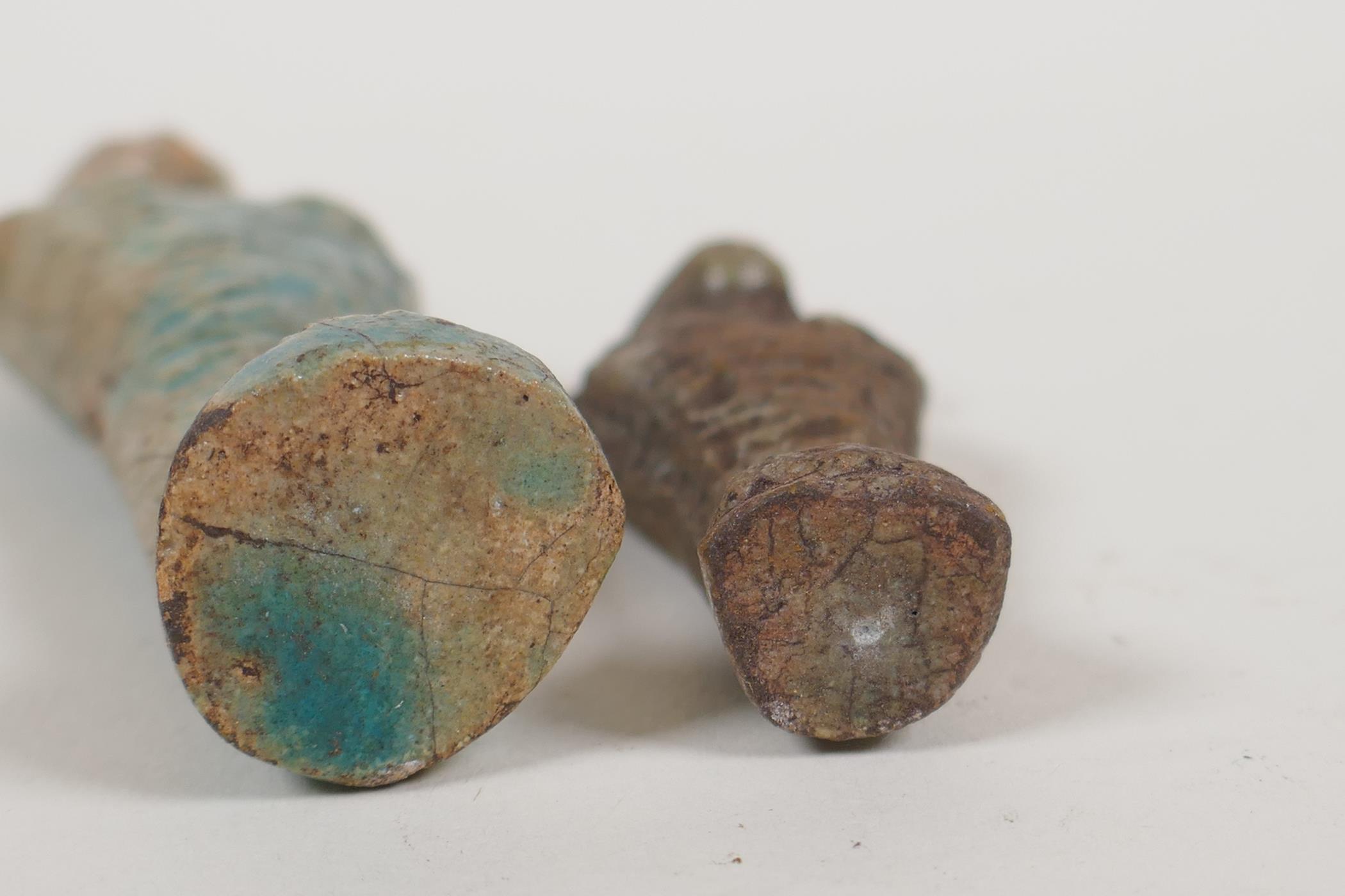 An Egyptian turquoise glazed faience shabti and another smaller, largest 4", AF repair - Image 10 of 10