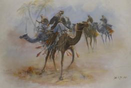 Sung H Jee, Bedouin on camels, signed and dated 1928, oil on canvas, 37" x  25"