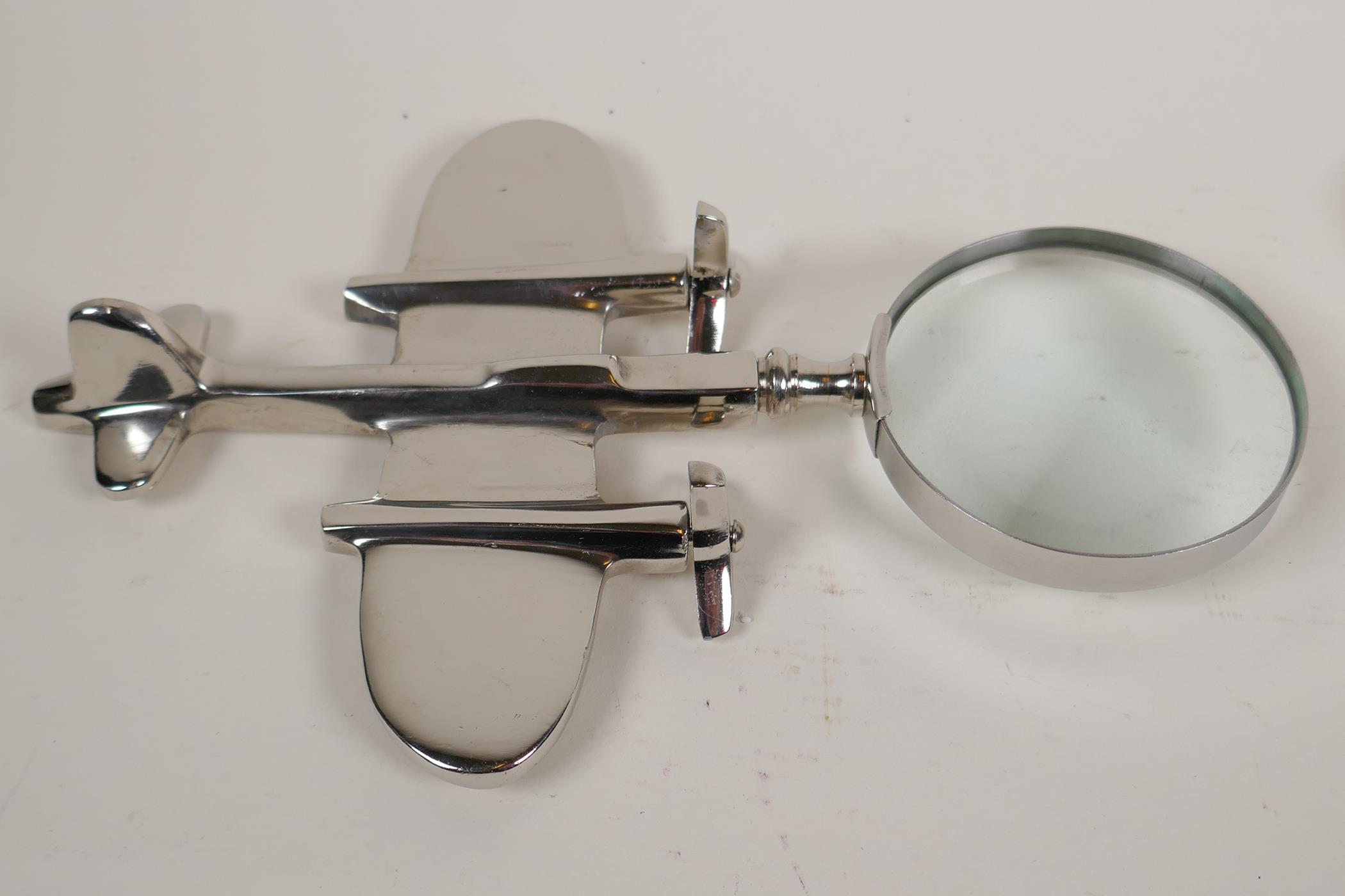 Two plated desk top magnifying glasses in the form of a racing car and an aeroplane, 9" long - Image 3 of 3