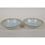 A pair of Song style celadon glazed porcelain saucers with underglaze carp decoration, 5" diameter