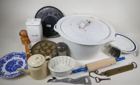 Kitchenalia including an enamelled bin, 16" diameter, tea pot, chafing dishes, scales, rolling