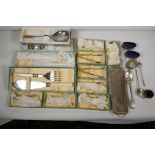 Hallmarked 925 silver to include eight boxed sugar tongs, two boxed fruit servers and various salts,