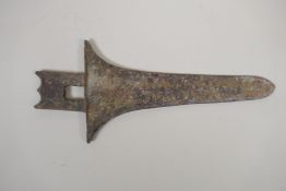 A Chinese archaic bronze Ge (dagger axe head), 10" x 4½"