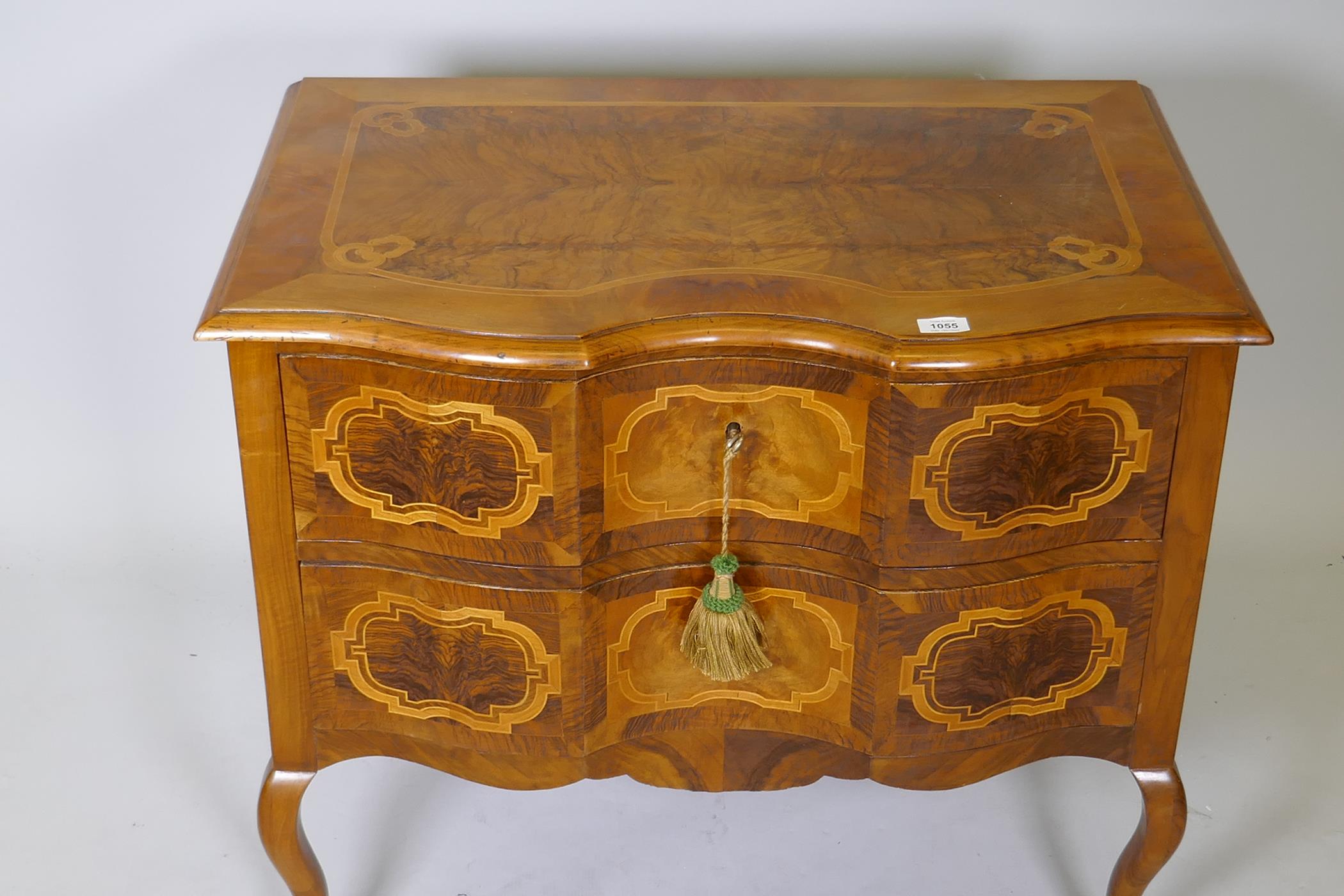A continental inlaid walnut commode, with shaped top and two drawers, raised on cabriole supports - Image 2 of 4