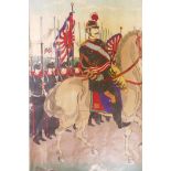 A Meiji period Japanese woodcut print of the Emperor on horseback, AF, 9" x 11"